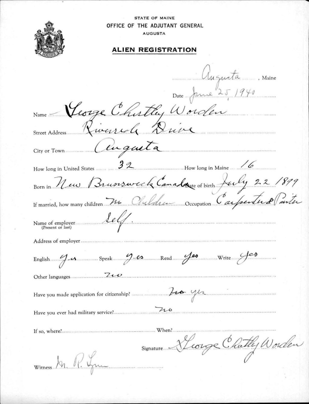 Miniature of Alien Registration- Worden, George C. (Augusta, Kennebec County)