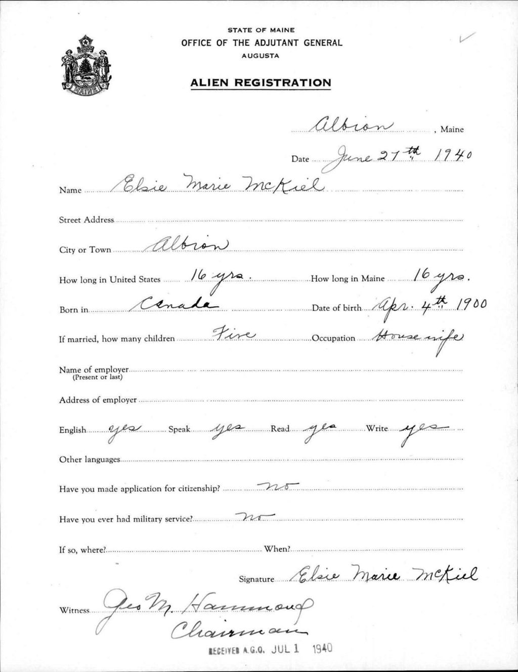 Miniature of Alien Registration- Mckiel, Elsie M. (Albion, Kennebec County)