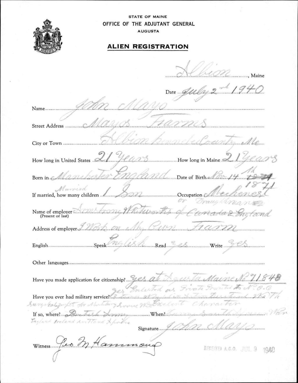 Miniature of Alien Registration- Mayo, John (Albion, Kennebec County)
