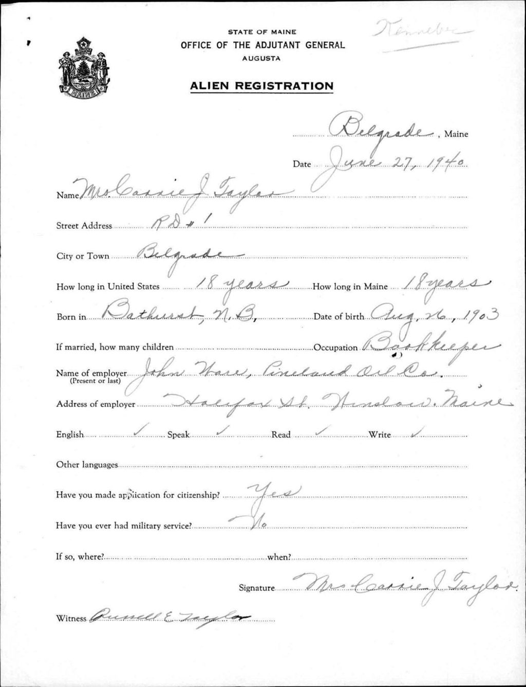 Miniature of Alien Registration- Taylor, Carrie J. (Belgrade Lakes, Kennebec County)