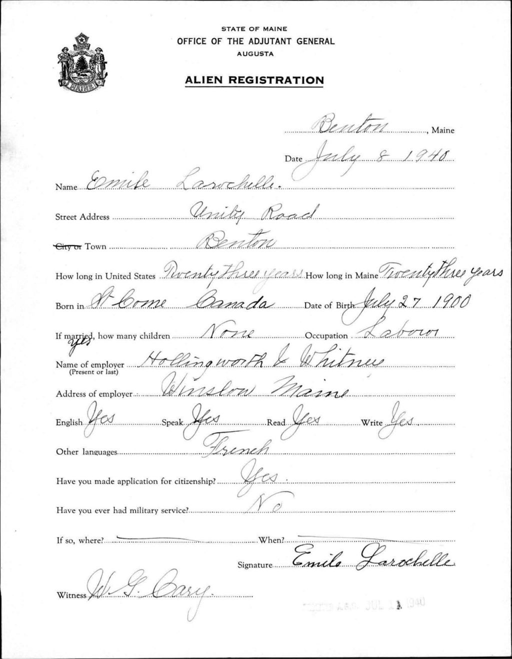 Miniature of Alien Registration- Larochelle, Emile (Benton, Kennebec County)