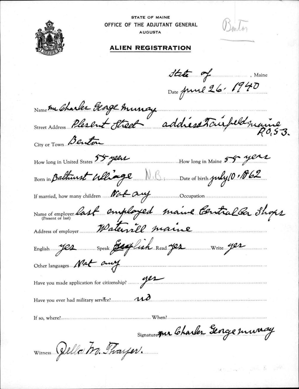 Miniature of Alien Registration- Murray, Charles G. (Benton, Kennebec County)