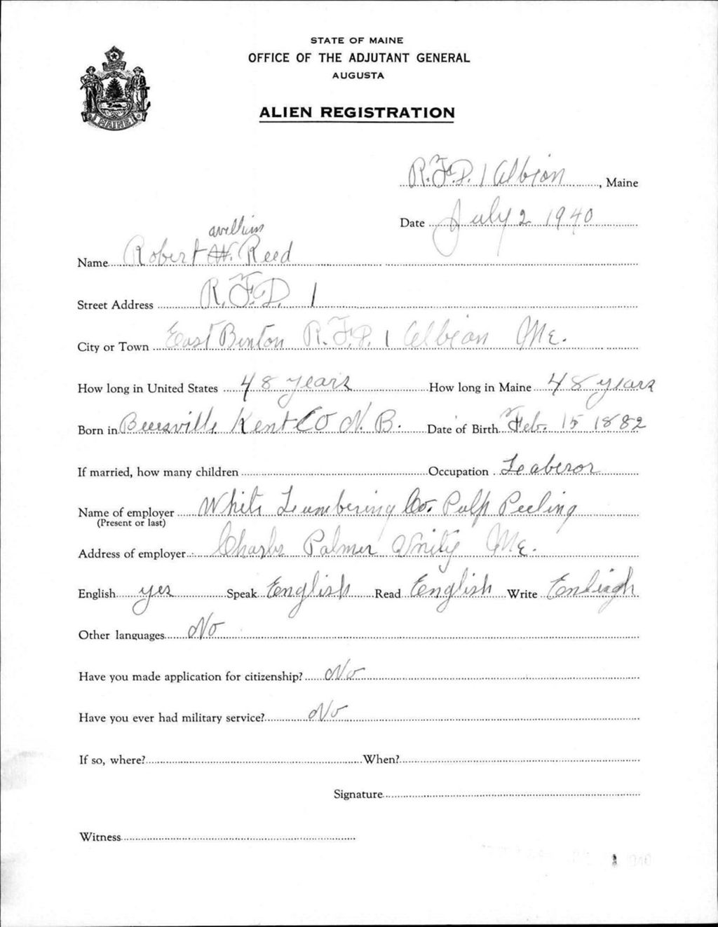 Miniature of Alien Registration- Reed, Robert W. (Benton, Kennebec County)
