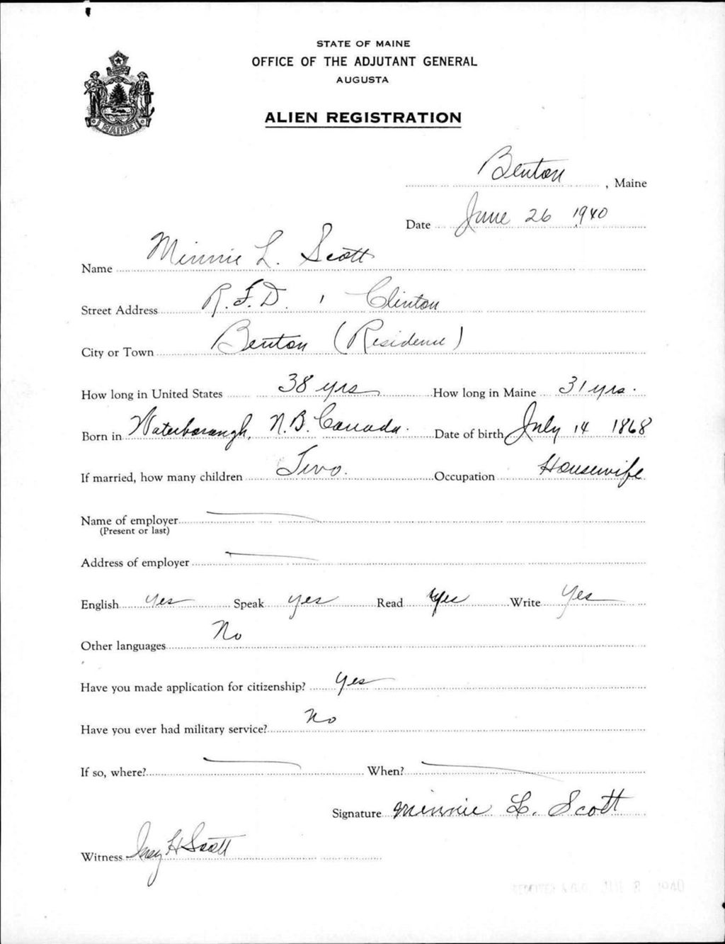 Miniature of Alien Registration- Scott, Minnie L. (Benton, Kennebec County)