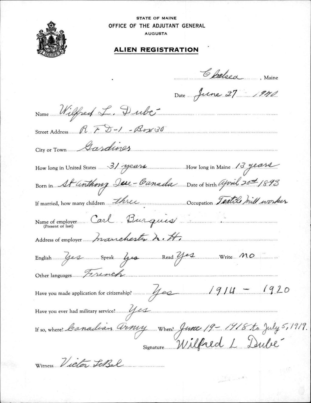 Miniature of Alien Registration- Dube, Wilfred L. (Chelsea, Kennebec County)