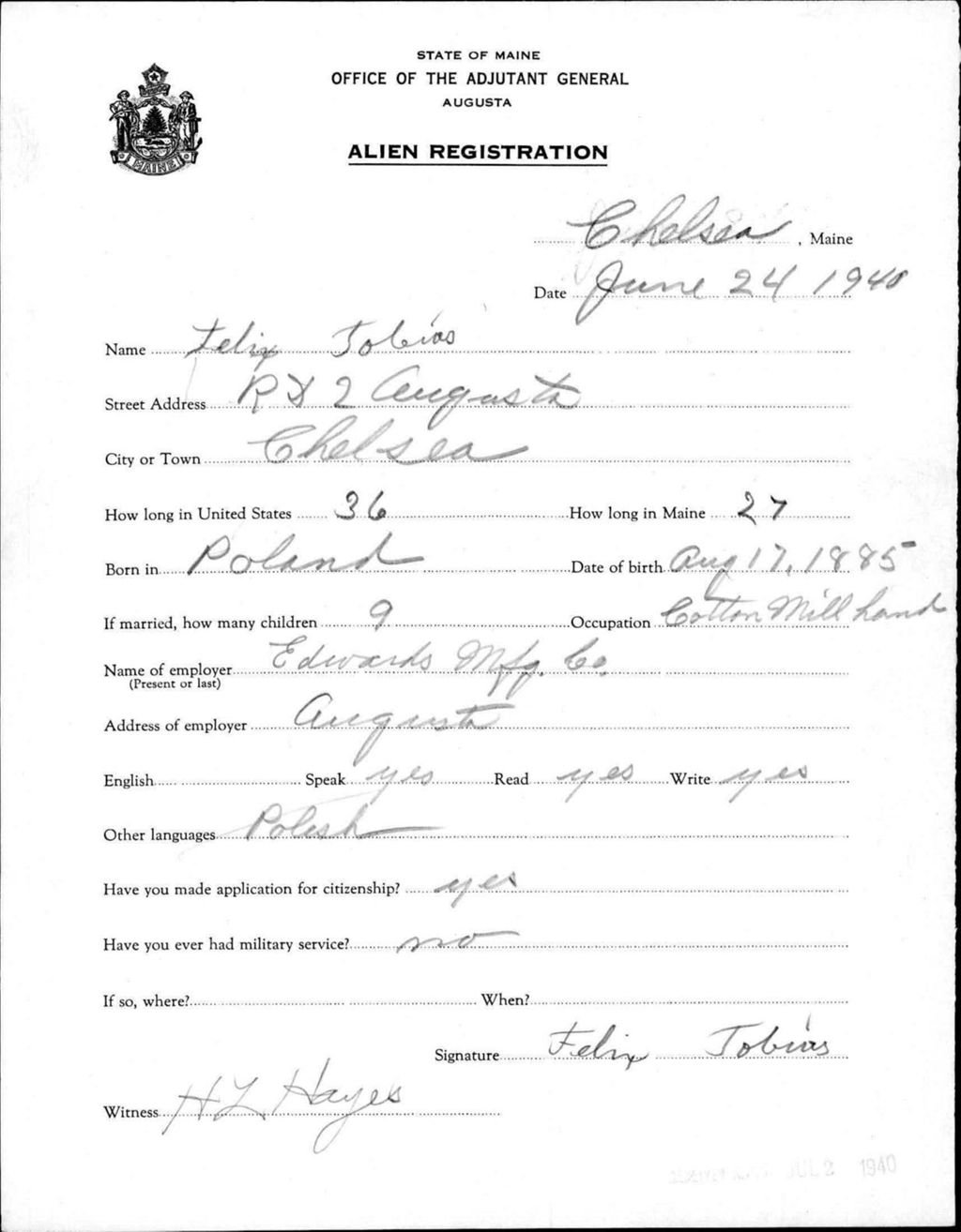 Miniature of Alien Registration- Tobias, Felix (Chelsea, Kennebec County)