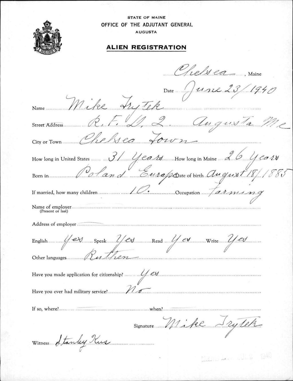 Miniature of Alien Registration- Trytek, Mike (Chelsea, Kennebec County)