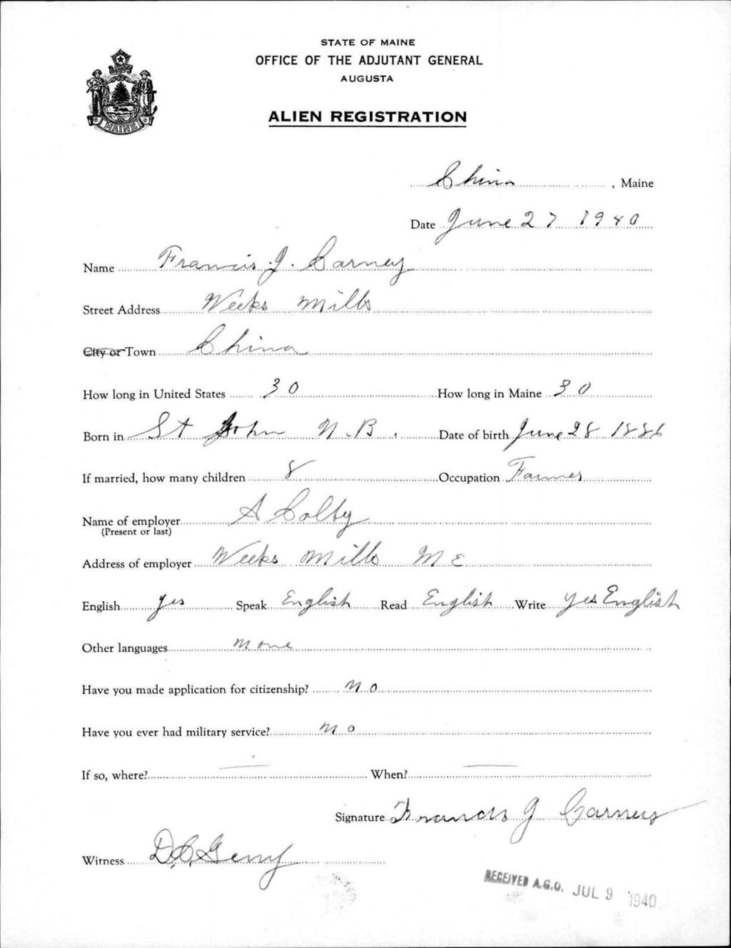 Miniature of Alien Registration- Carney, Francis J. (Weeks Mills, Kennebec County)