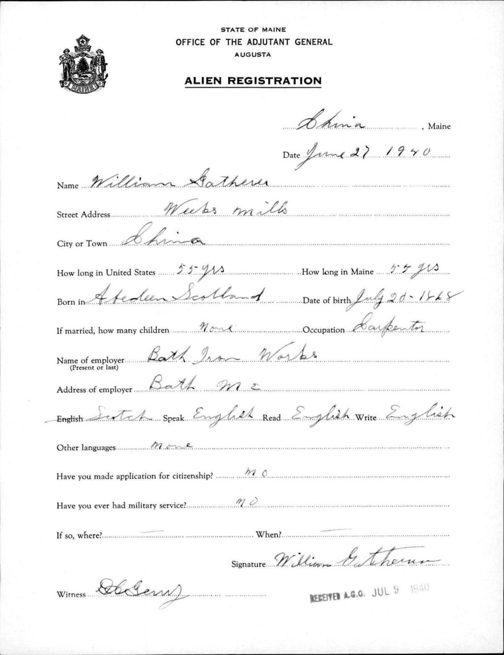 Miniature of Alien Registration- Gatherer, William (Weeks Mills, Kennebec County)