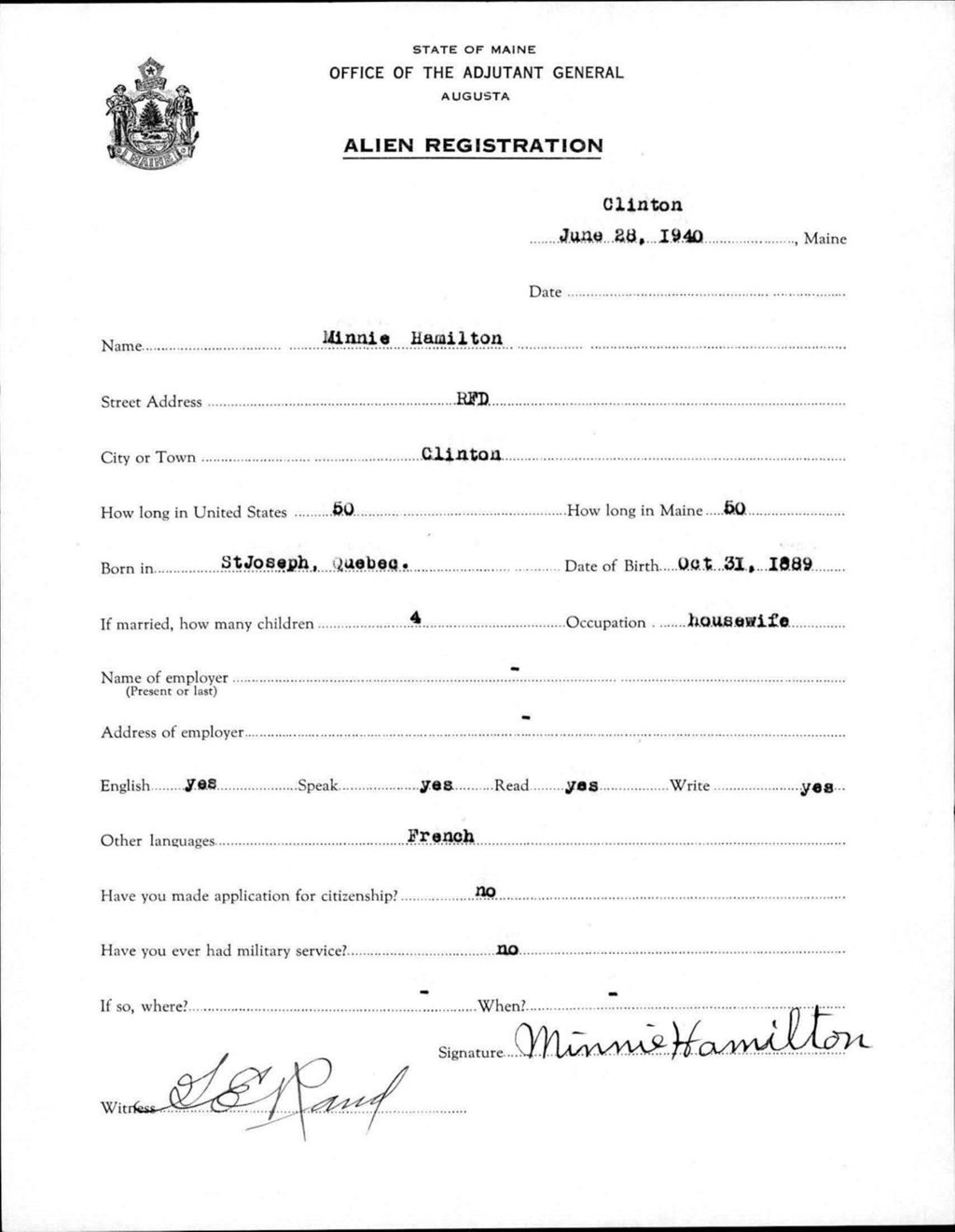 Miniature of Alien Registration- Hamilton, Minnie (Clinton, Kennebec County)