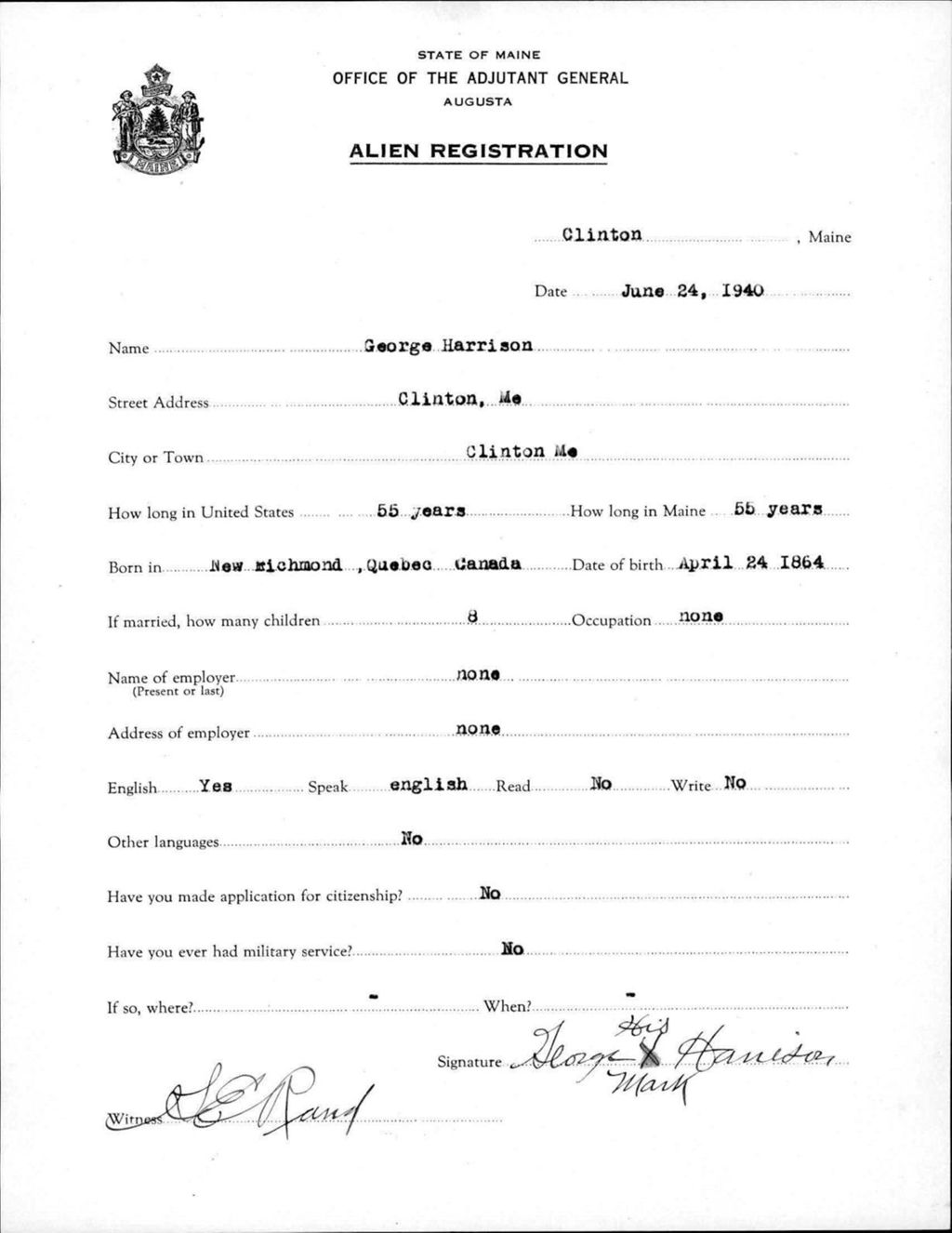Miniature of Alien Registration- Harrison, George (Clinton, Kennebec County)