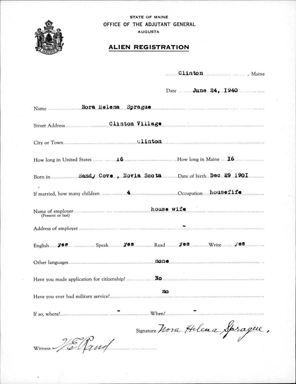 Miniature of Alien Registration- Sprague, Nora H. (Clinton, Kennebec County)