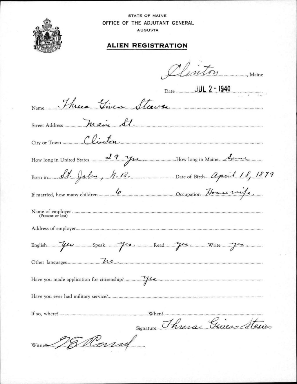 Miniature of Alien Registration- Given, Theresa (Clinton, Kennebec County)