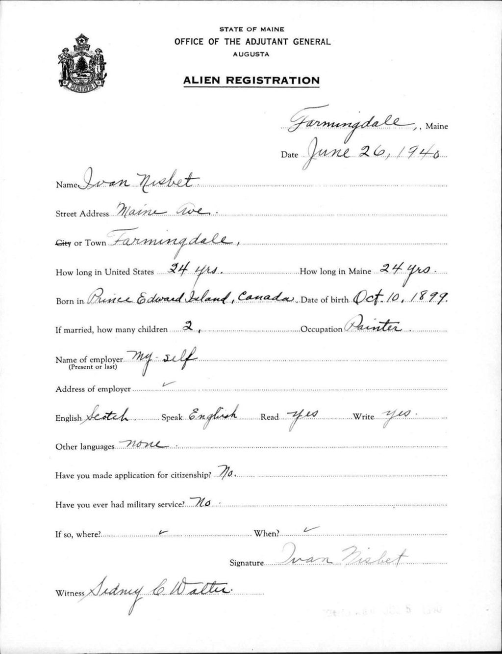 Miniature of Alien Registration- Nisbet, Ivan (Farmingdale, Kennebec County)