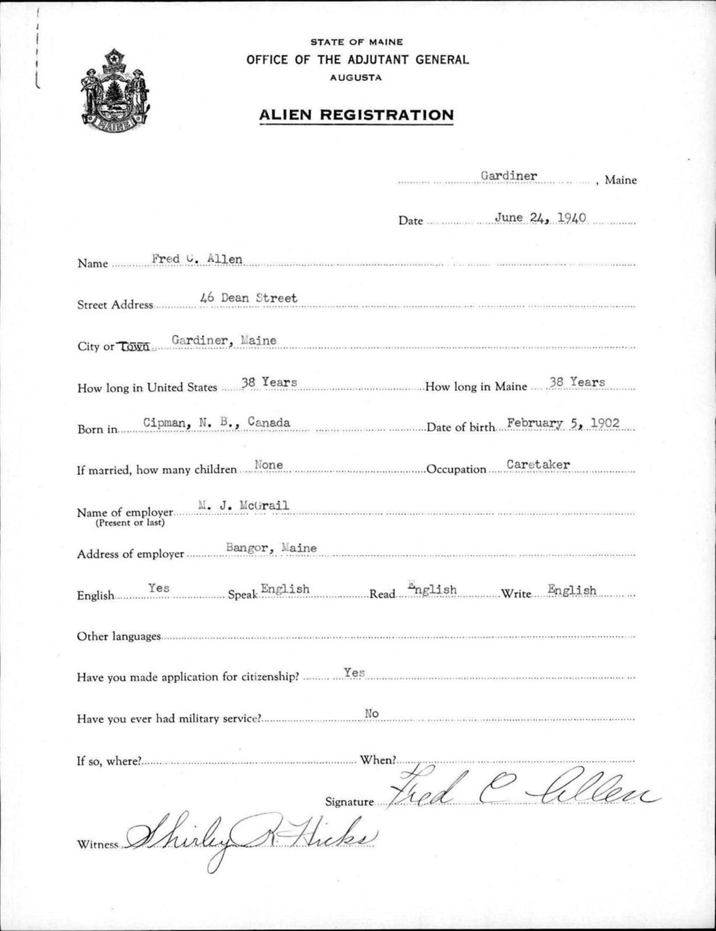 Miniature of Alien Registration- Allen, Fred C. (Gardiner, Kennebec County)