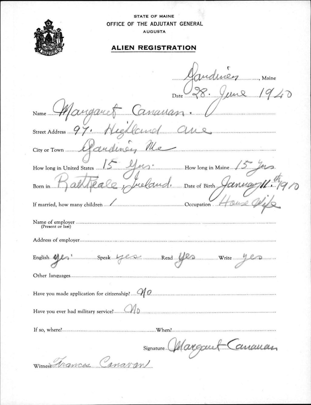 Miniature of Alien Registration- Cananan, Margaret (Gardiner, Kennebec County)