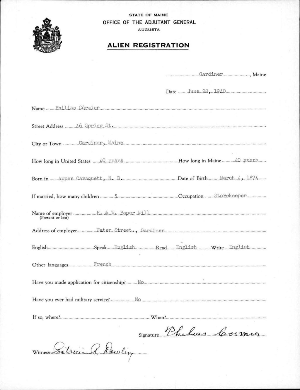 Miniature of Alien Registration- Cormier, Philias (Gardiner, Kennebec County)