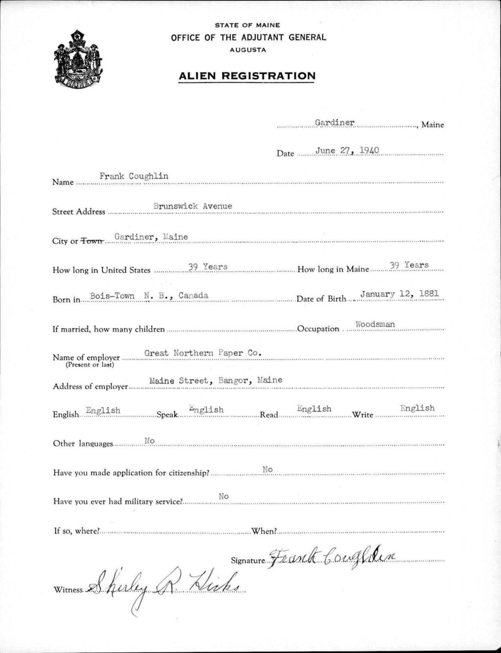 Miniature of Alien Registration- Coughlin, Frank (Gardiner, Kennebec County)