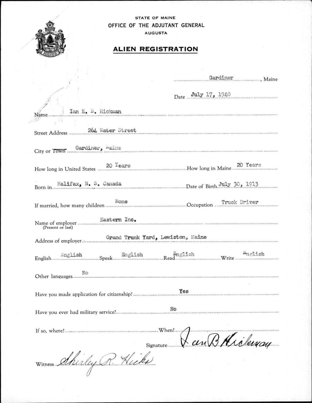 Miniature of Alien Registration- Hickman, Ian E. B. (Gardiner, Kennebec County)
