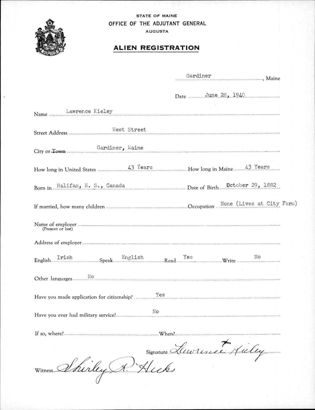 Miniature of Alien Registration- Kieley, Lawrence (Gardiner, Kennebec County)