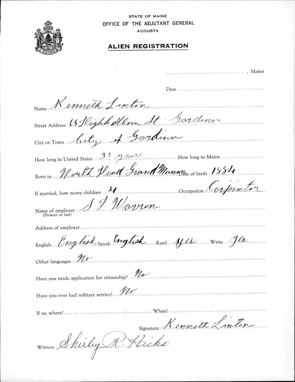 Miniature of Alien Registration- Linton, Kenneth (Gardiner, Kennebec County)