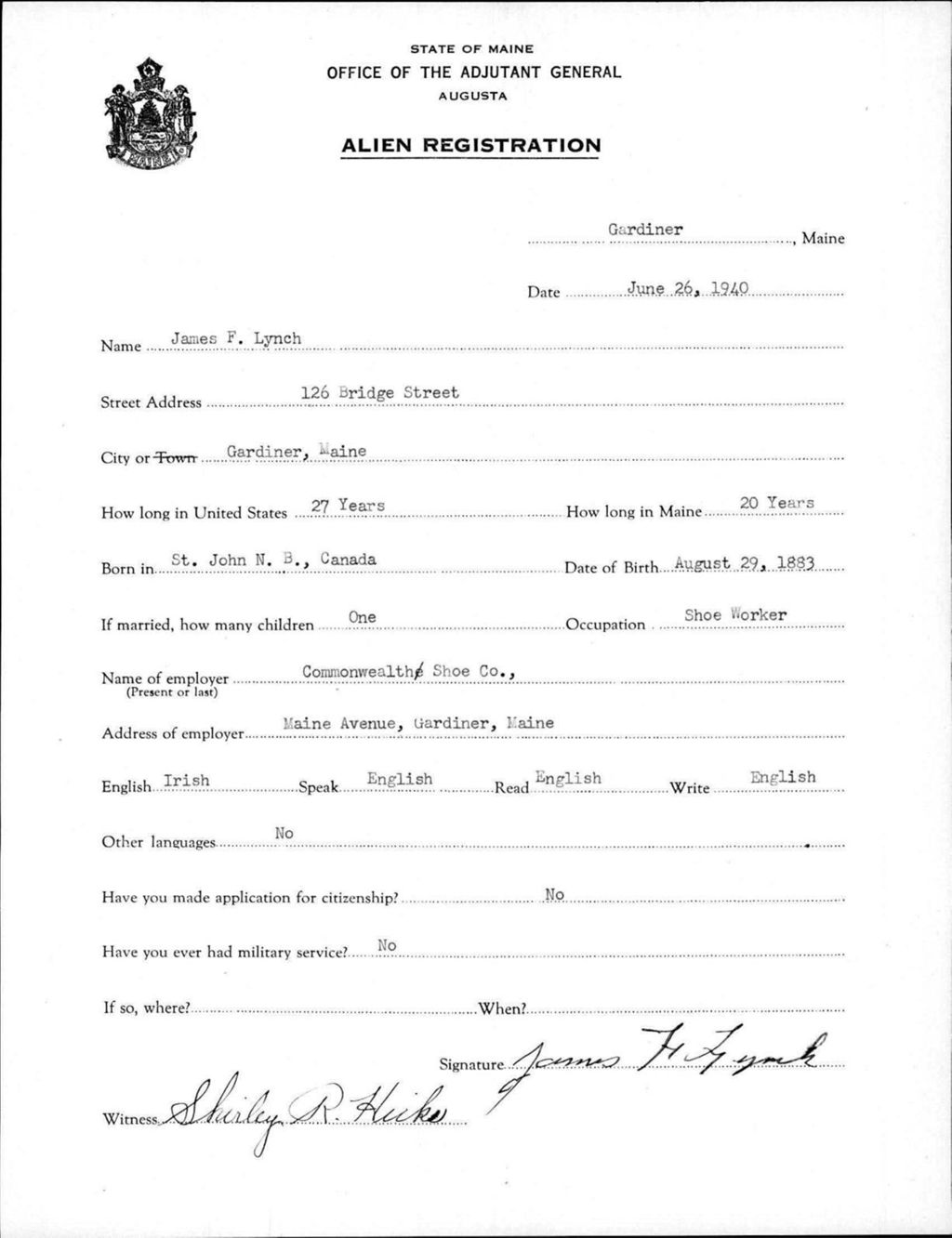 Miniature of Alien Registration- Lynch, James F. (Gardiner, Kennebec County)