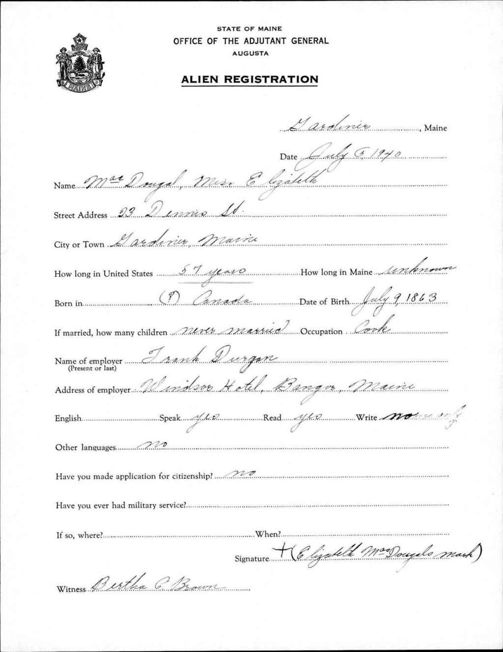 Miniature of Alien Registration- Macdougal, Elizabeth (Gardiner, Kennebec County)