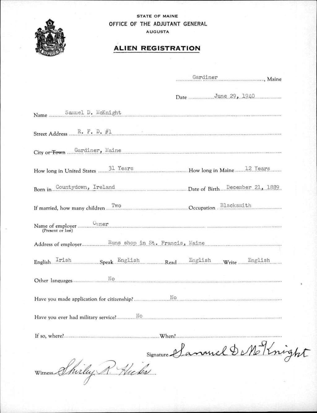 Miniature of Alien Registration- Mcknight, Samuel D. (Gardiner, Kennebec County)