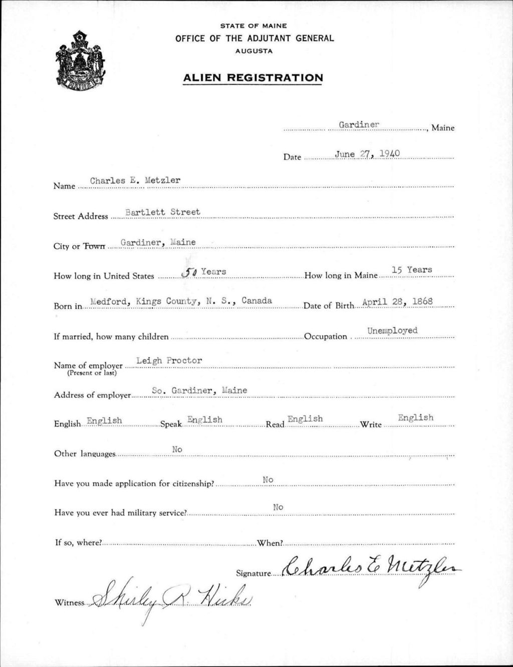 Miniature of Alien Registration- Metzler, Charles E. (Gardiner, Kennebec County)