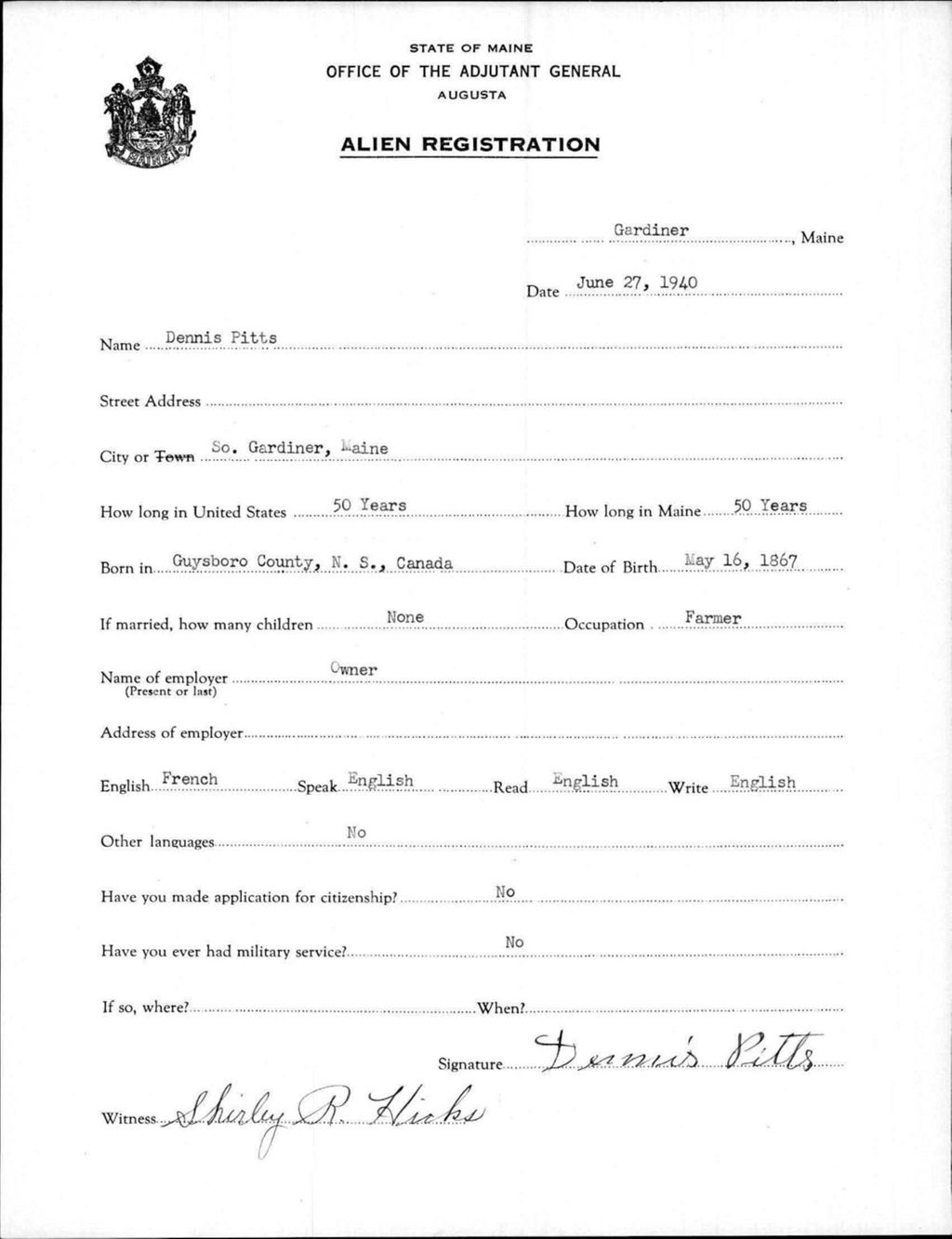 Miniature of Alien Registration- Pitts, Dennis (Gardiner, Kennebec County)