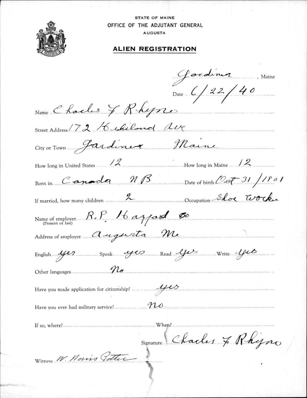 Miniature of Alien Registration- Rhyno, Charles F. (Gardiner, Kennebec County)