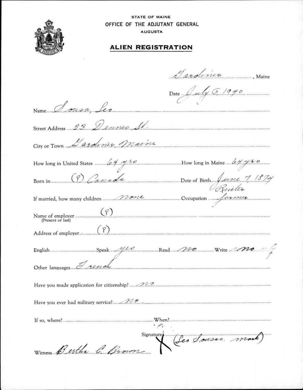 Miniature of Alien Registration- Sousa, Leo (Gardiner, Kennebec County)