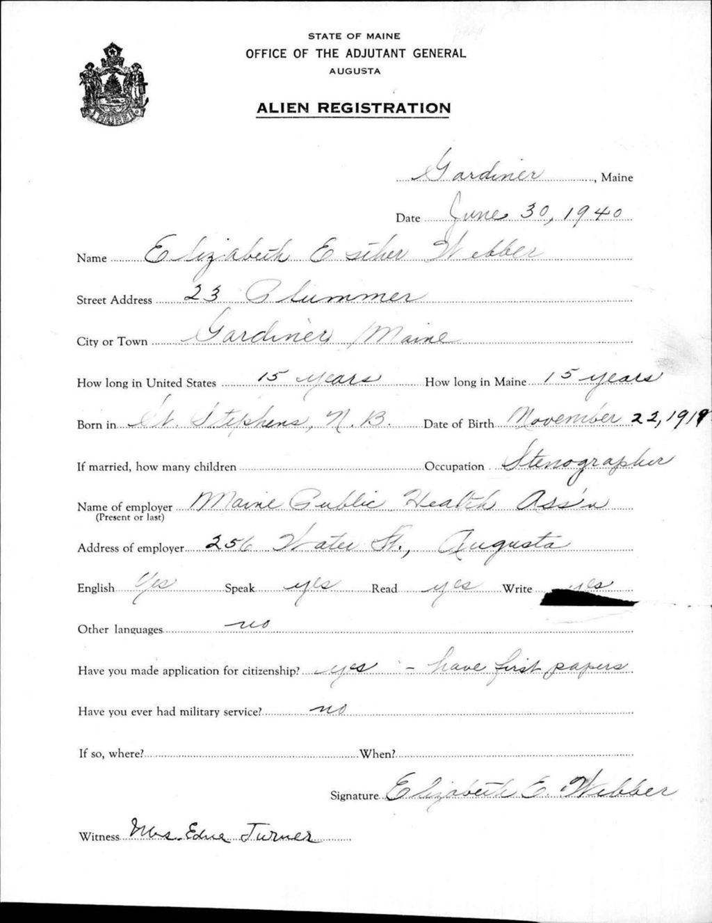 Miniature of Alien Registration- Webber, Elizabeth E. (Gardiner, Kennebec County)