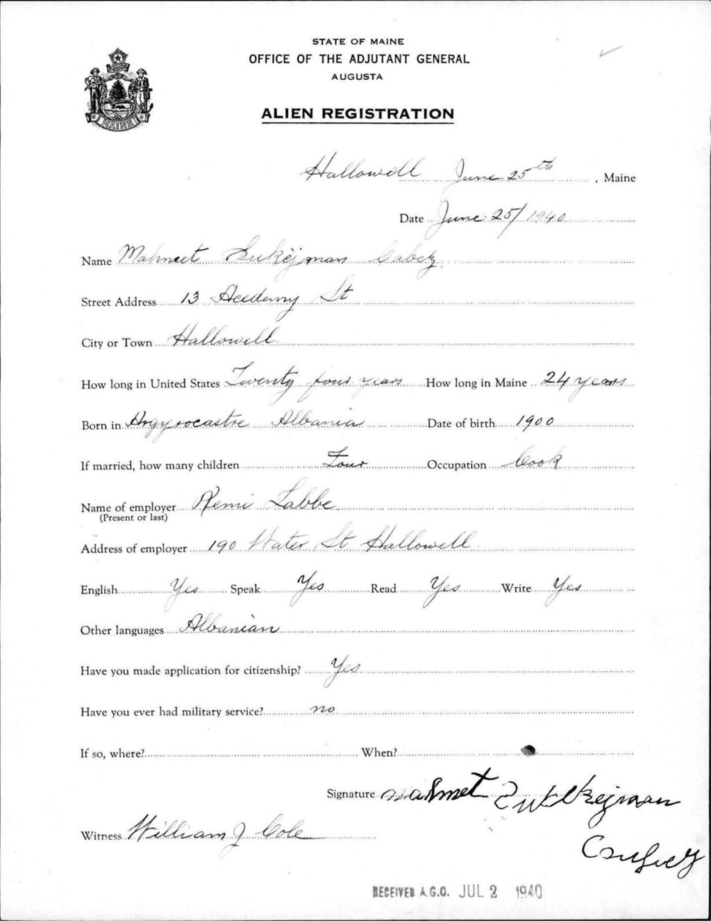 Miniature of Alien Registration- Cabery, Mahmaet L. (Hallowell, Kennebec County)