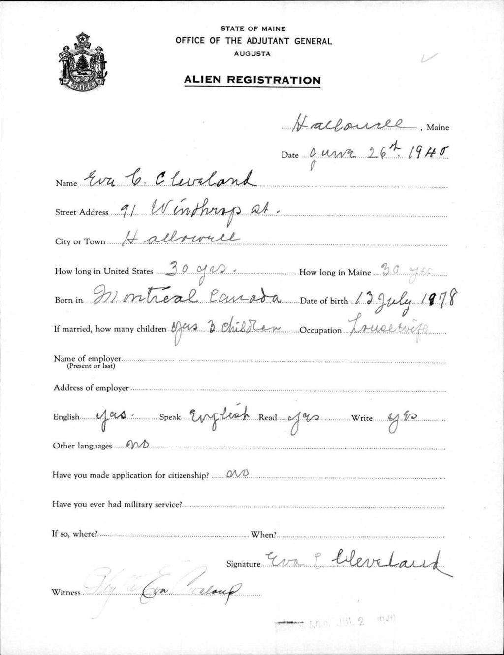 Miniature of Alien Registration- Cleveland, Eva C. (Hallowell, Kennebec County)