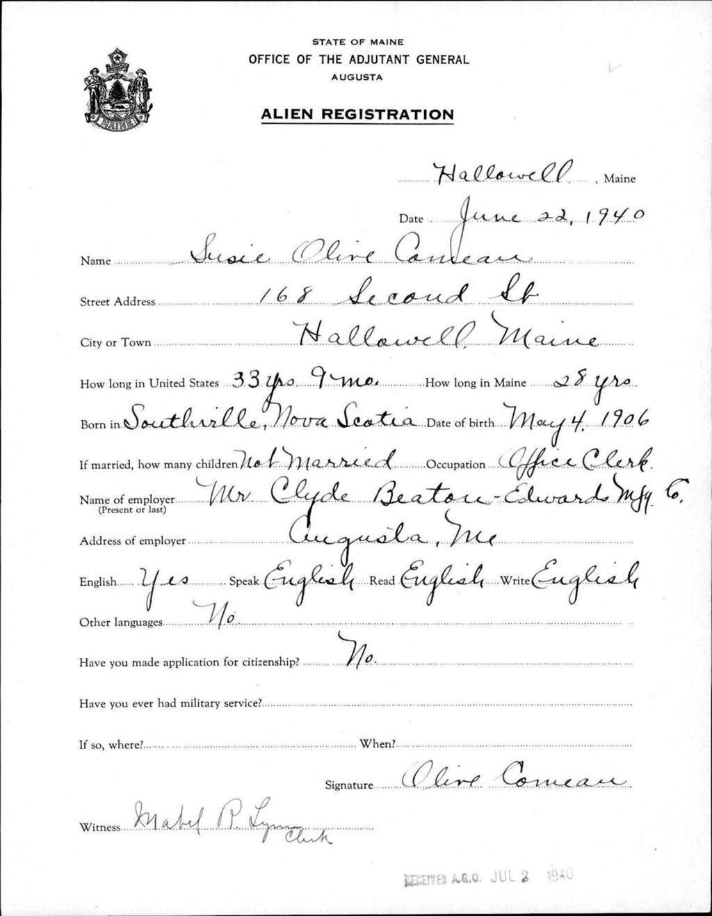 Miniature of Alien Registration- Comeau, Susie O. (Hallowell, Kennebec County)