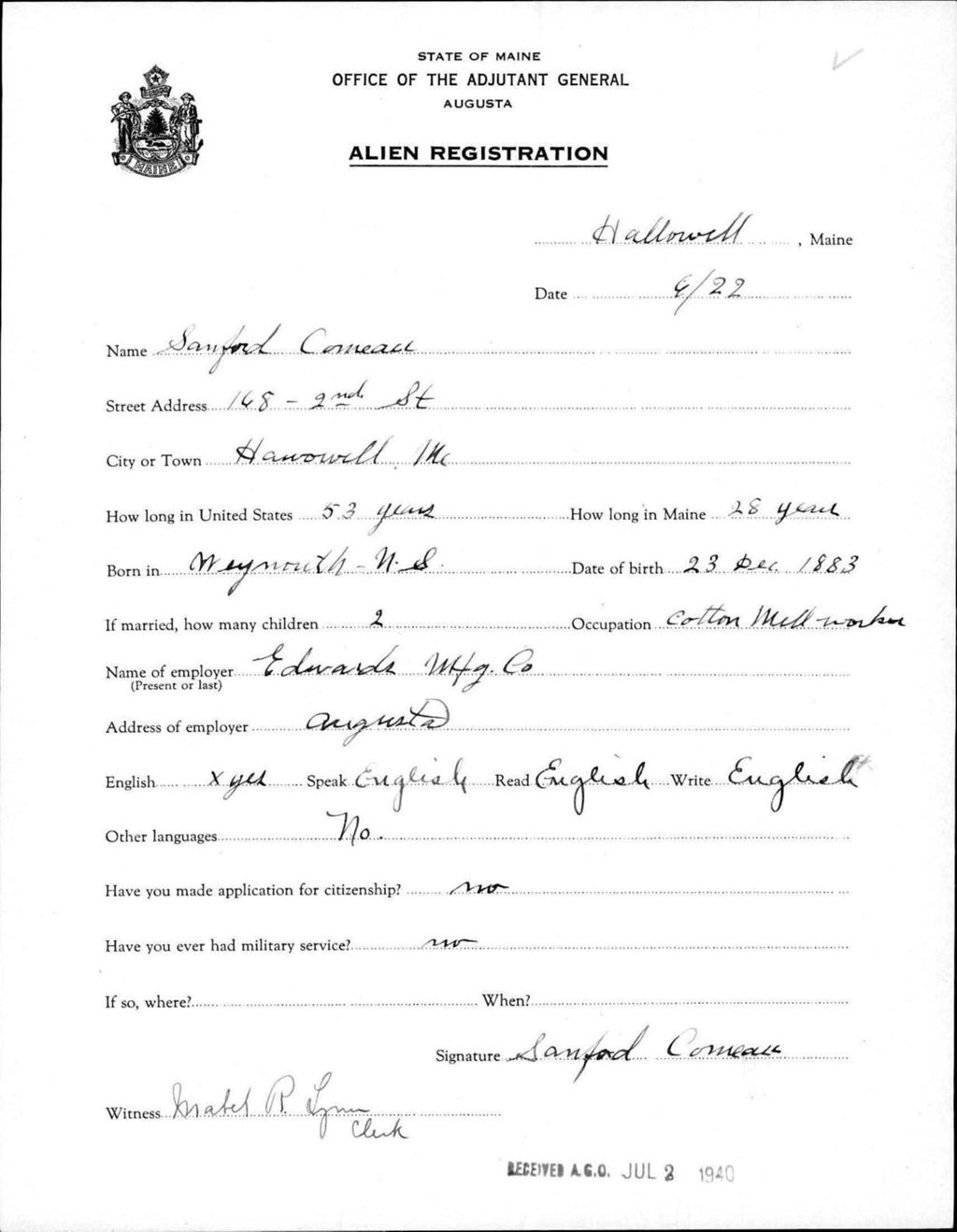 Miniature of Alien Registration- Comeau, Sanford (Hallowell, Kennebec County)