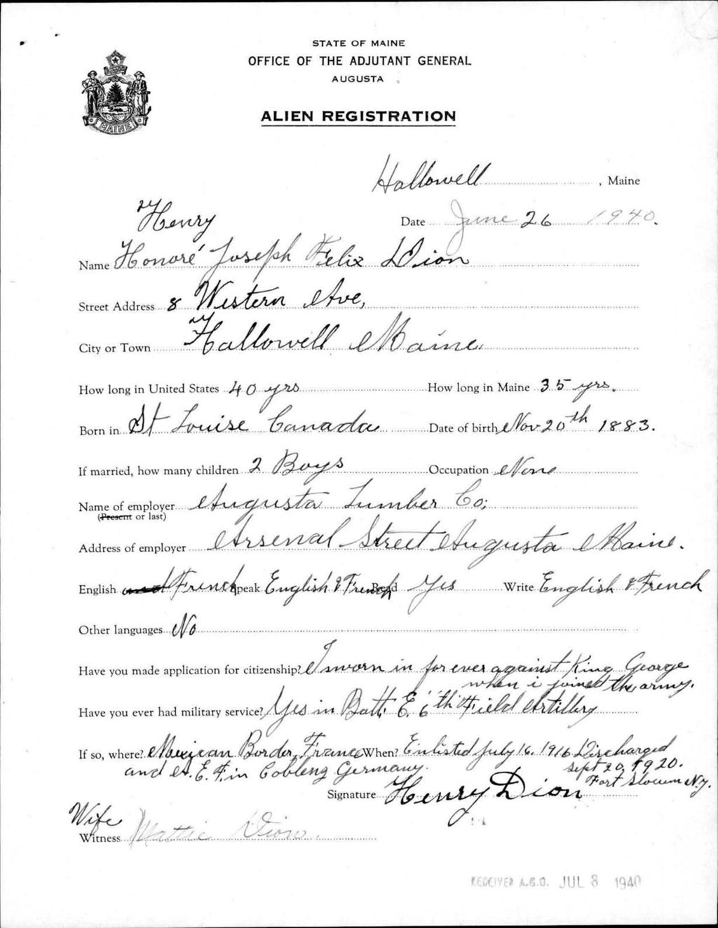 Miniature of Alien Registration- Dion, Honore Henry Joseph F. (Hallowell, Kennebec County)