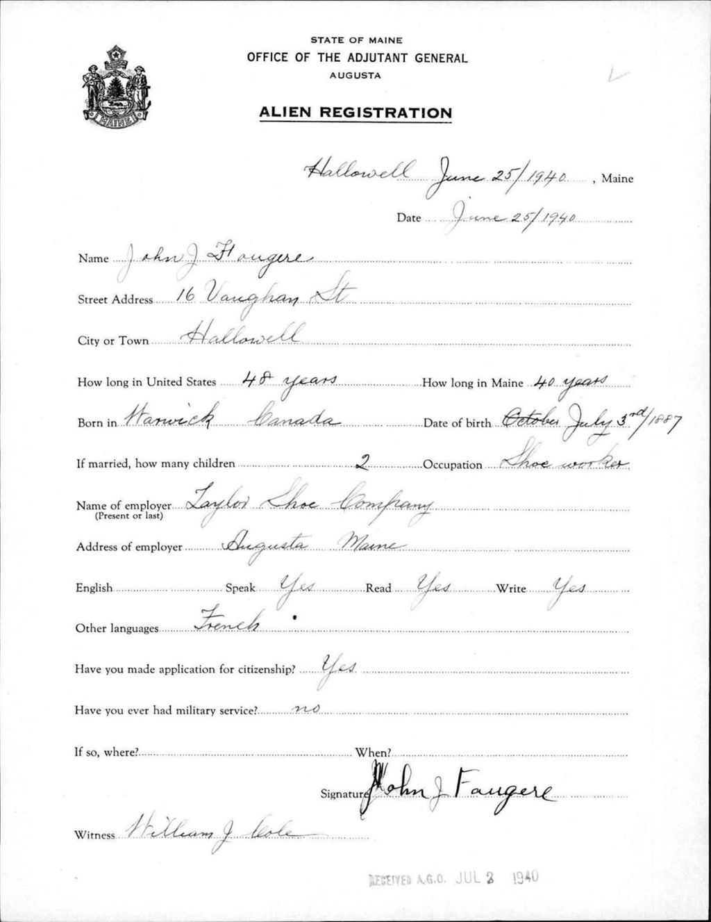 Miniature of Alien Registration- Fougere, John J. (Hallowell, Kennebec County)