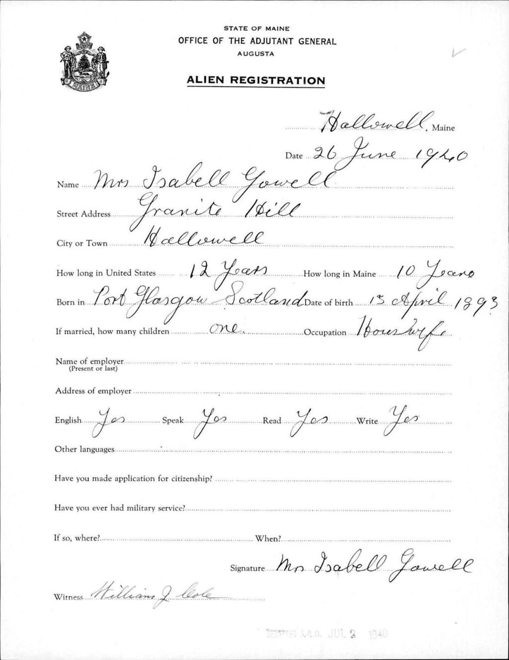 Miniature of Alien Registration- Gowell, Isabell (Hallowell, Kennebec County)