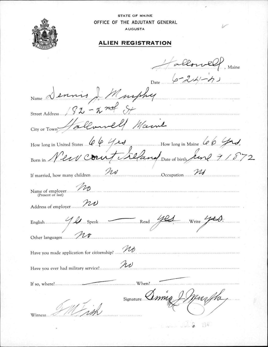 Miniature of Alien Registration- Murphy, Dennis J. (Hallowell, Kennebec County)