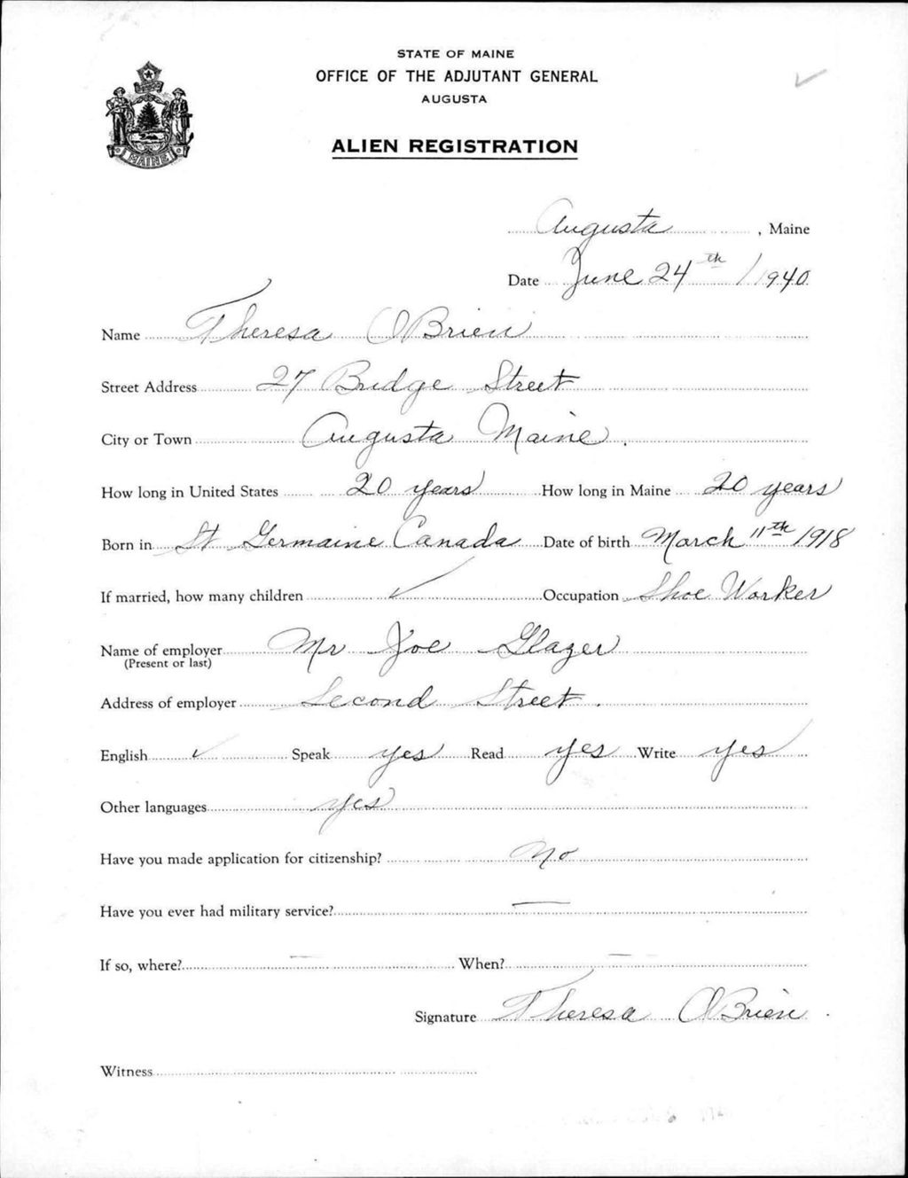 Miniature of Alien Registration- Obrien, Theresa (Hallowell, Kennebec County)
