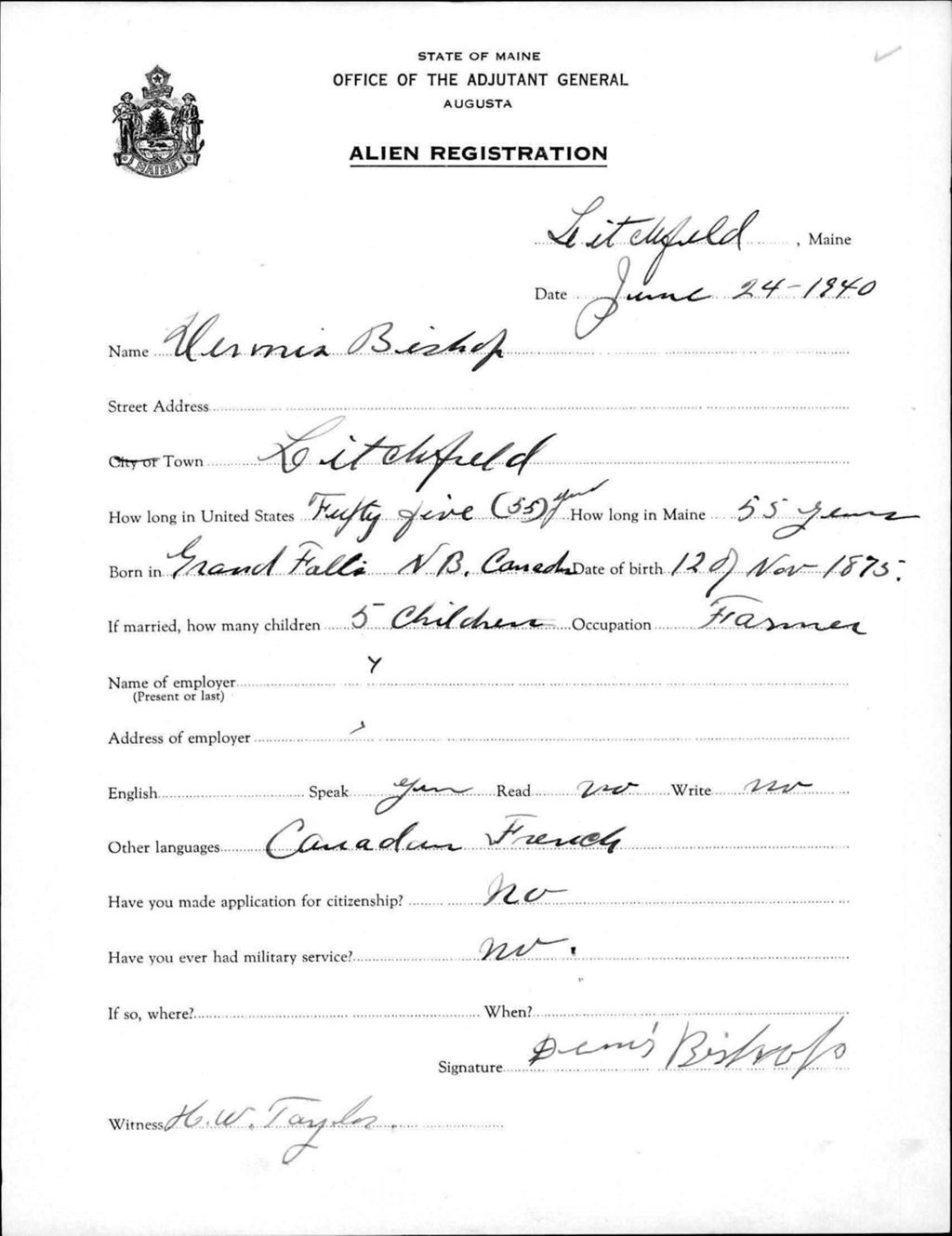 Miniature of Alien Registration- Bishop, Dennis (Litchfield, Kennebec County)
