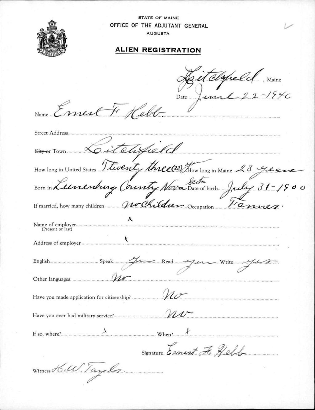 Miniature of Alien Registration- Hebb, Ernest F. (Litchfield, Kennebec County)
