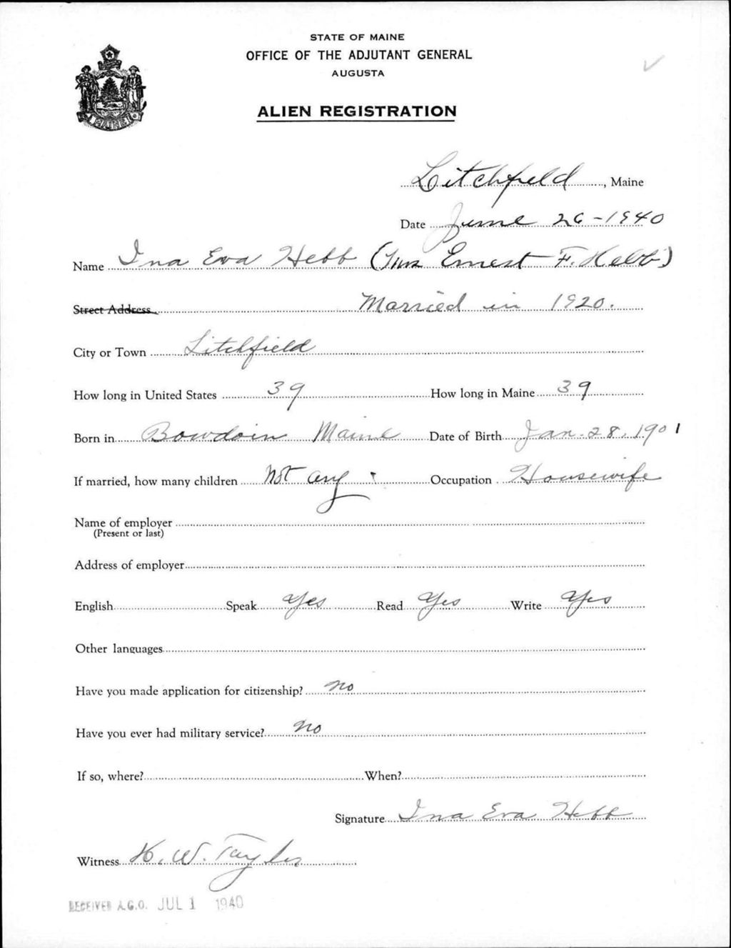 Miniature of Alien Registration- Hebb, Ina E. (Litchfield, Kennebec County)