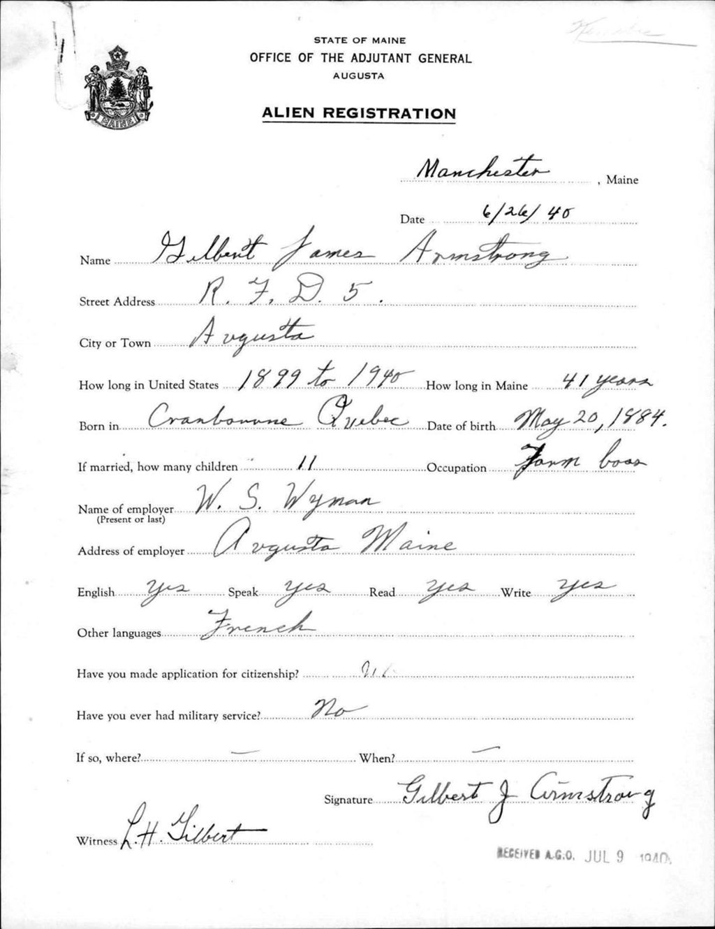 Miniature of Alien Registration- Armstrong, Gilbert J. (Manchester, Kennebec County)