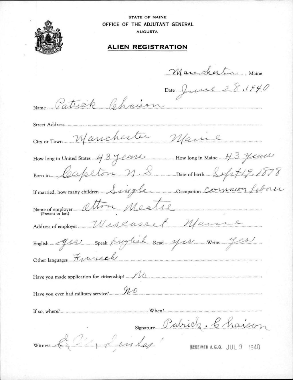 Miniature of Alien Registration- Chaison, Patrick (Manchester, Kennebec County)