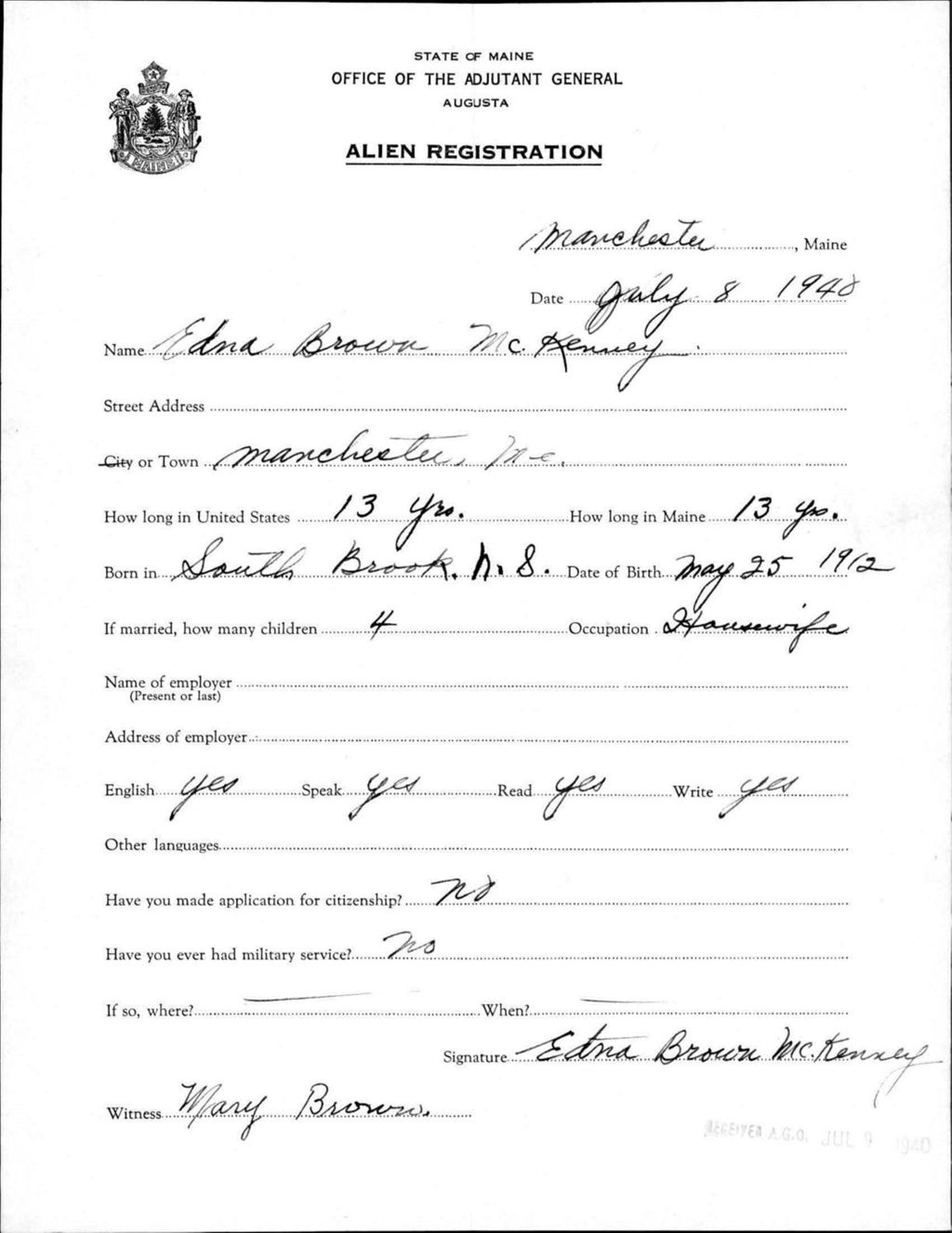 Miniature of Alien Registration- Brown, Edna (Manchester, Kennebec County)