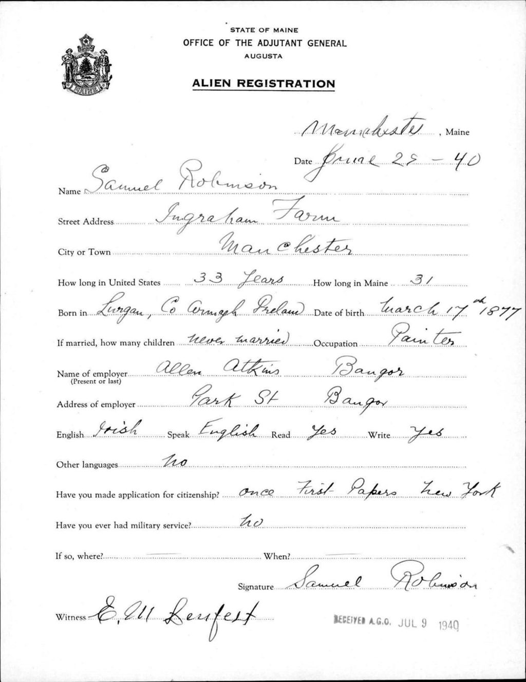Miniature of Alien Registration- Robinson, Samuel (Manchester, Kennebec County)
