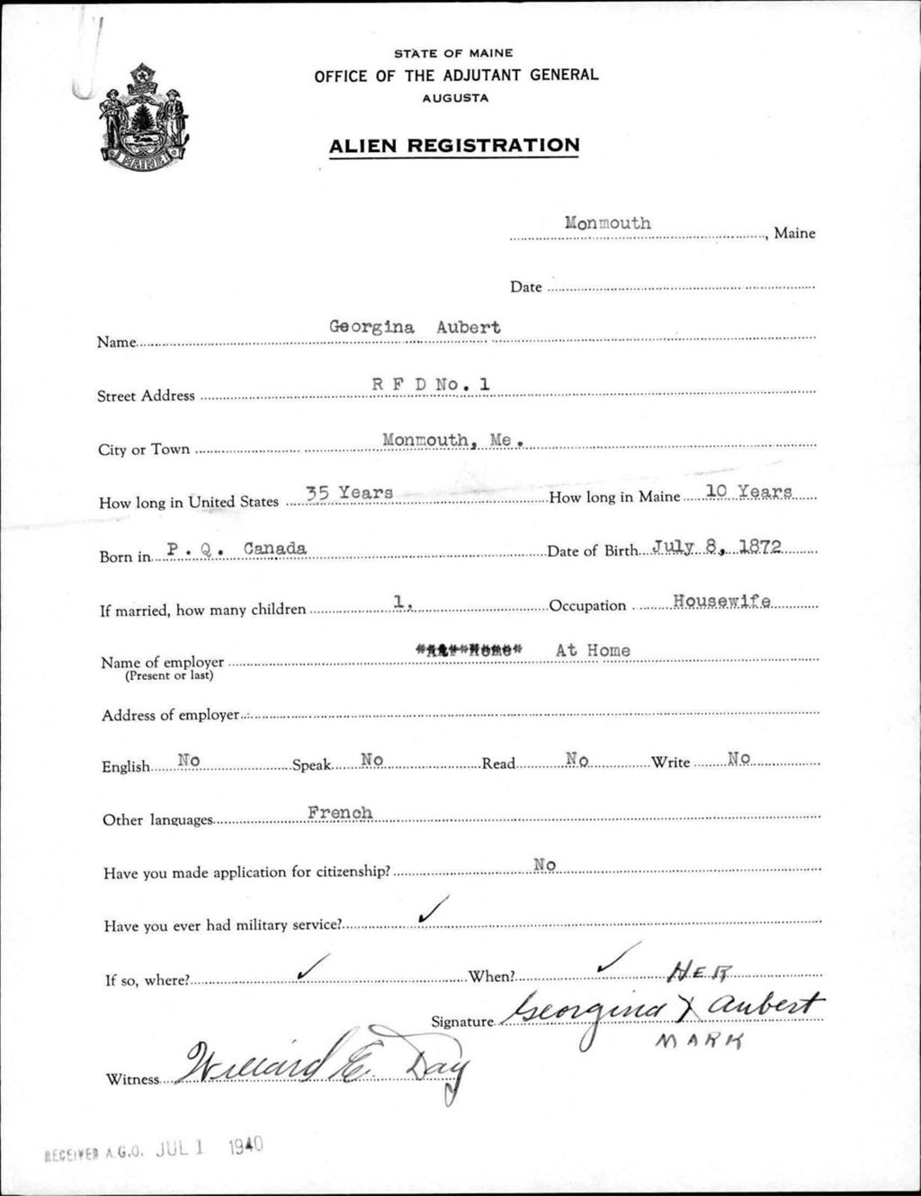 Miniature of Alien Registration- Aubert, Georgina (Monmouth, Kennebec County)